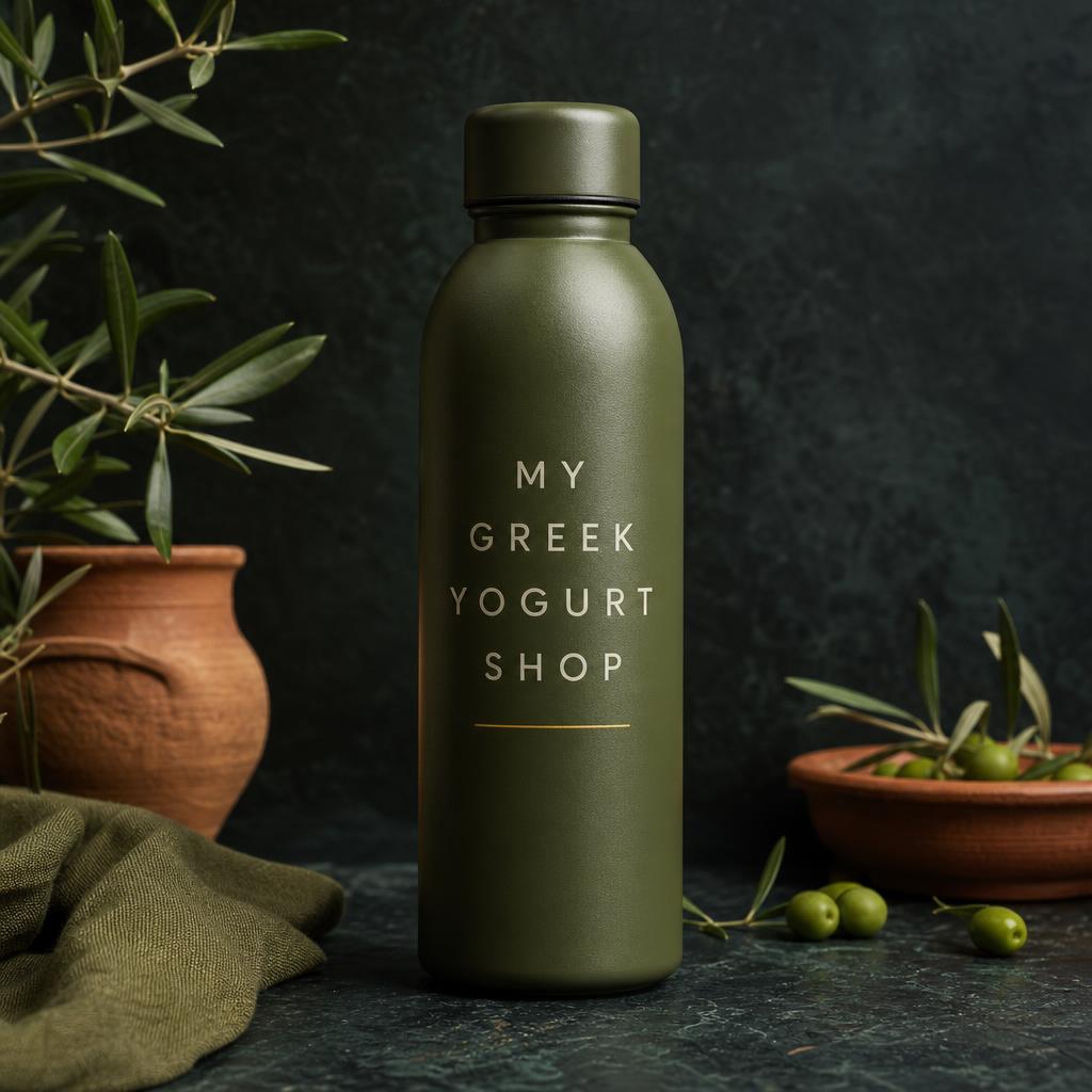 Insulated steel water bottle etched MY GREEK YOGURT SHOP