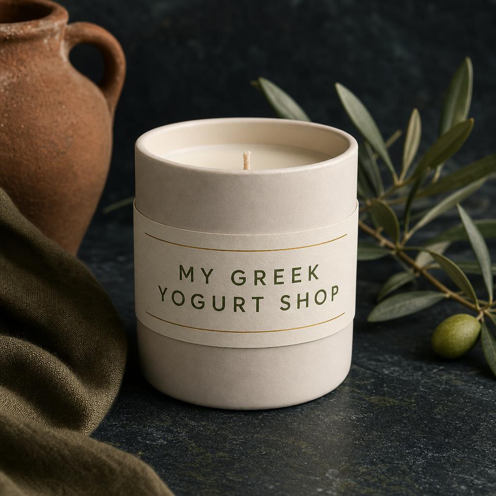 Olive grove candle in a cream vessel marked MY GREEK YOGURT SHOP