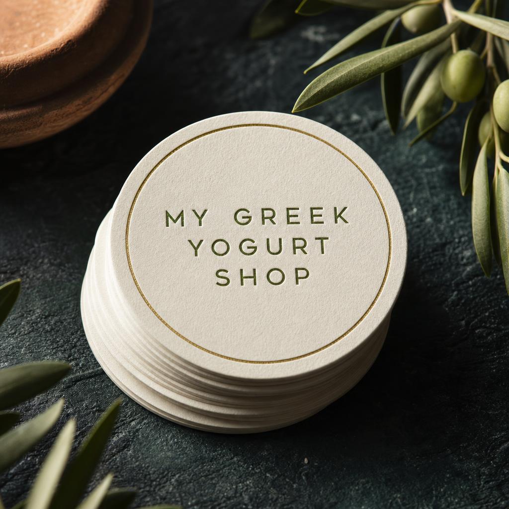 Stack of letterpressed paper coasters marked MY GREEK YOGURT SHOP
