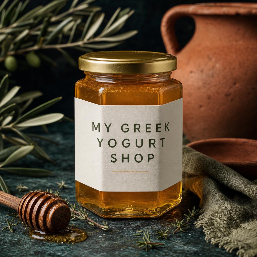 Hex jar of wild thyme honey marked MY GREEK YOGURT SHOP