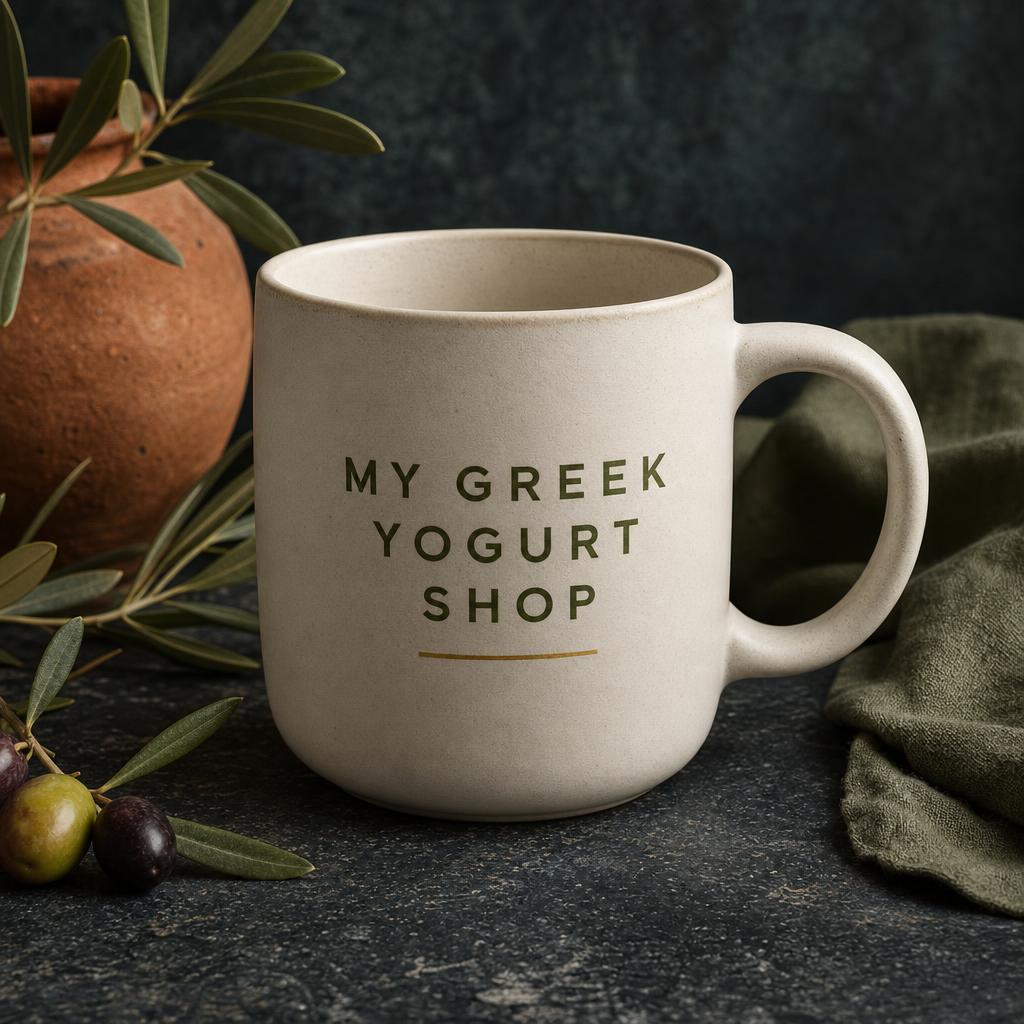 Ceramic mug marked MY GREEK YOGURT SHOP