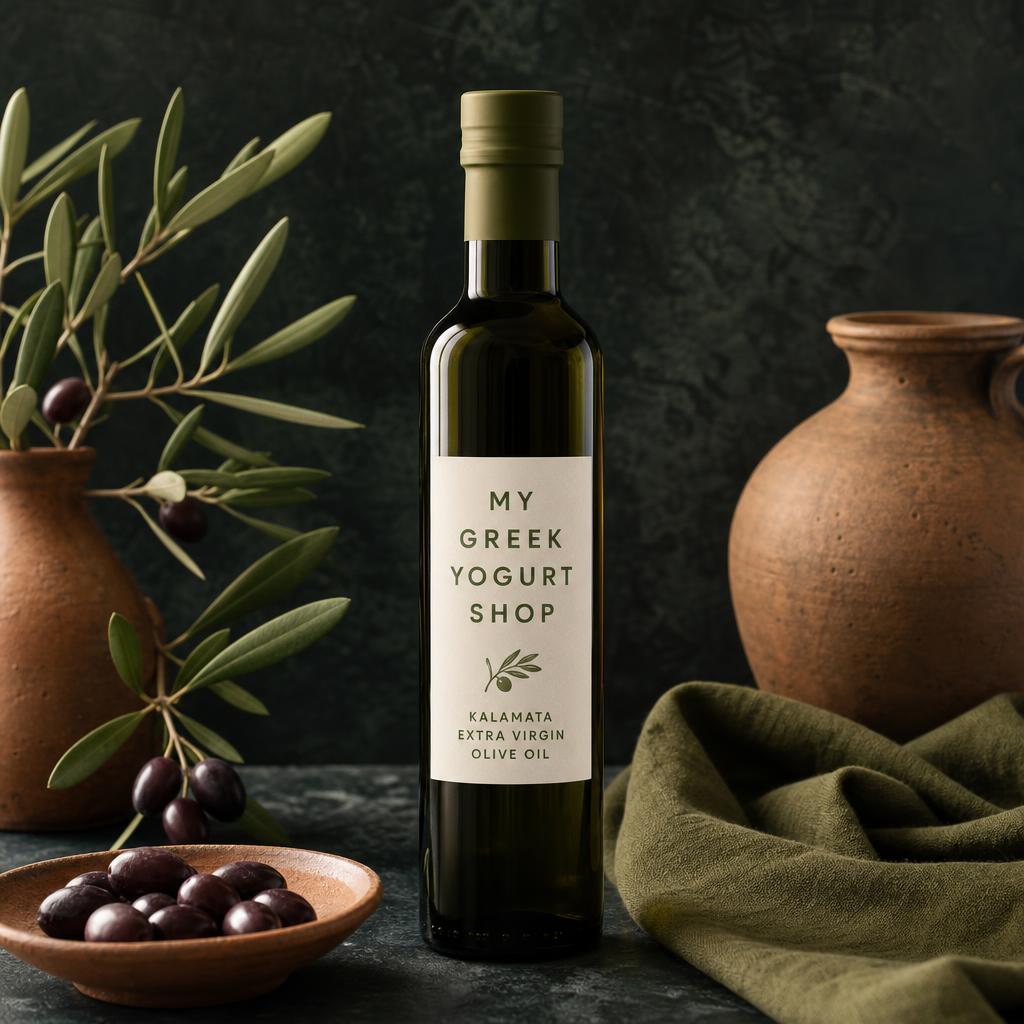 Dark glass bottle of Kalamata extra virgin olive oil labelled MY GREEK YOGURT SHOP