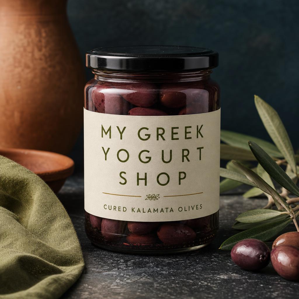 Jar of cured Kalamata olives labelled MY GREEK YOGURT SHOP