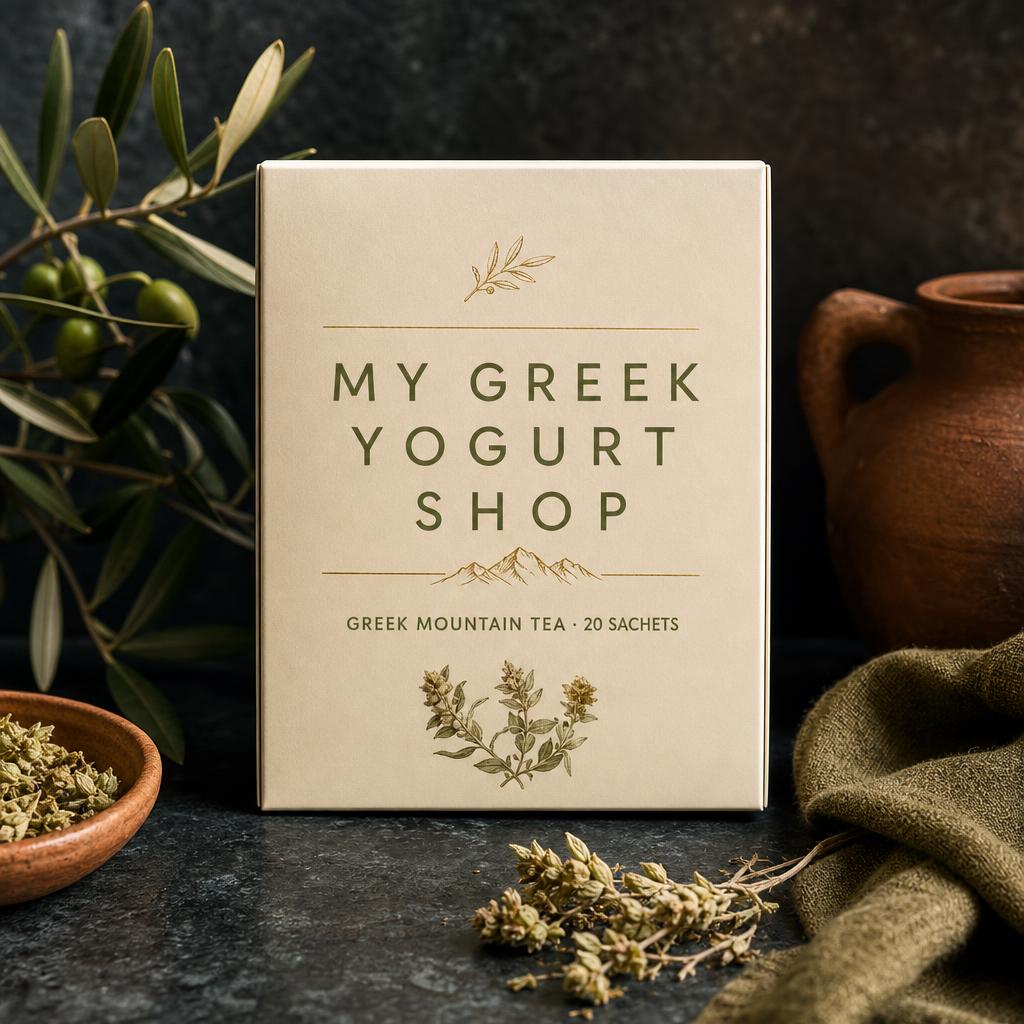 Carton of Greek mountain tea sachets marked MY GREEK YOGURT SHOP